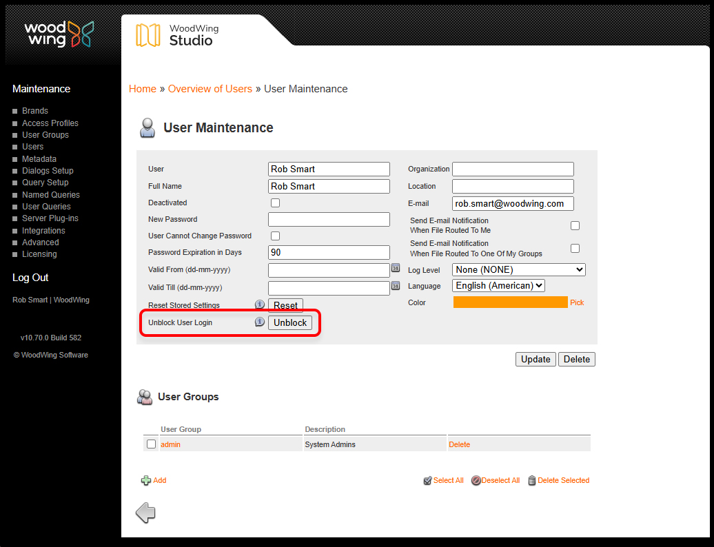 The Unblock option on the User Maintenance page