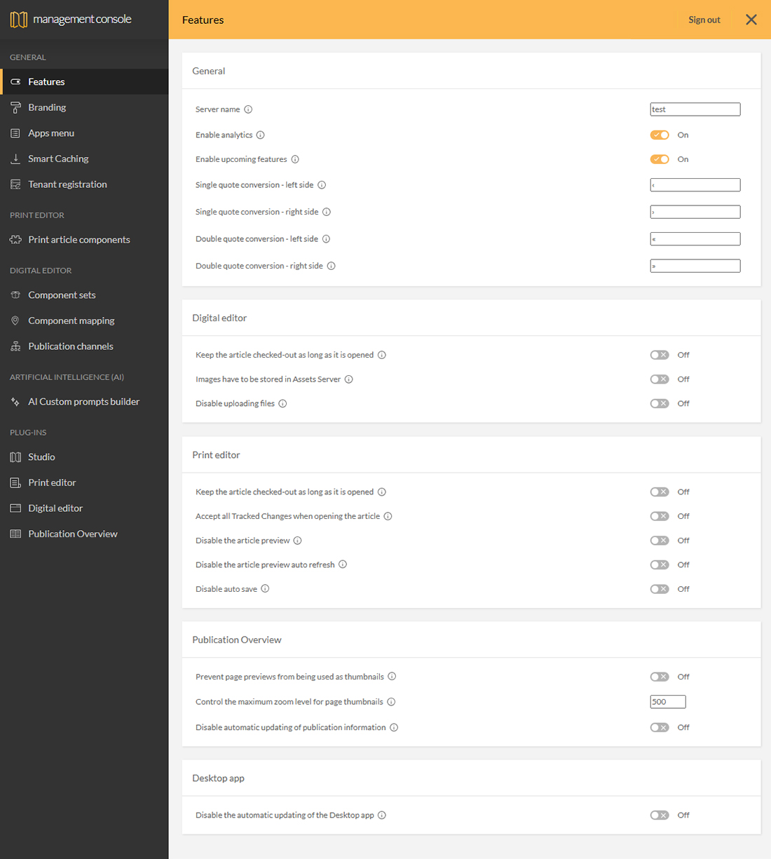 The Studio features page in the Management Console