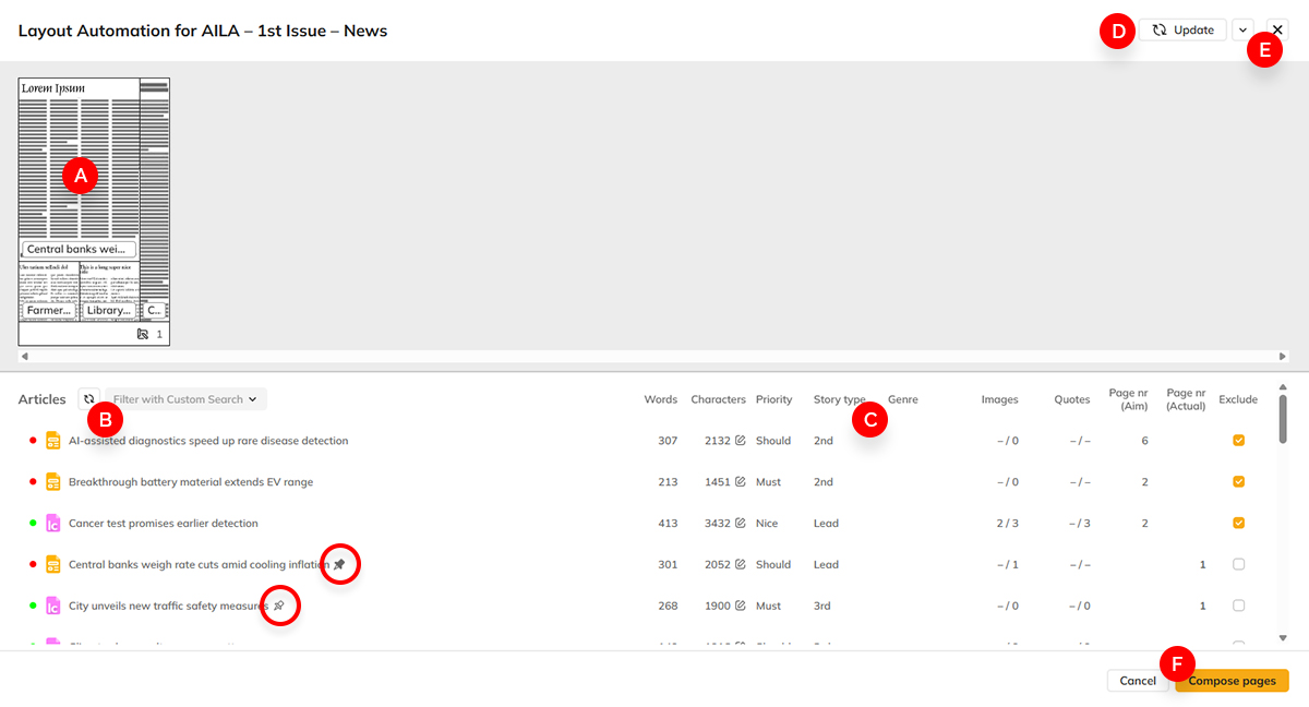 The components of the Create Pages dialog
