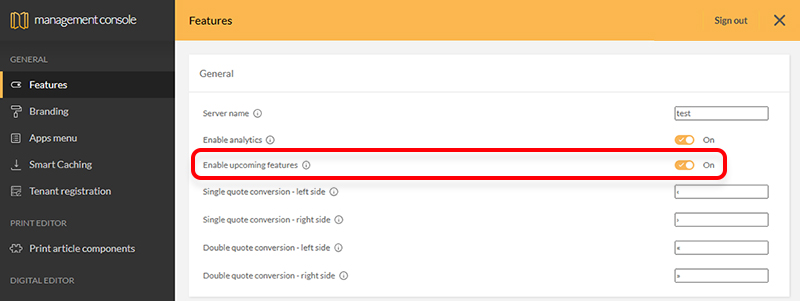 The Enable upcoming features option in the Studio Management Console