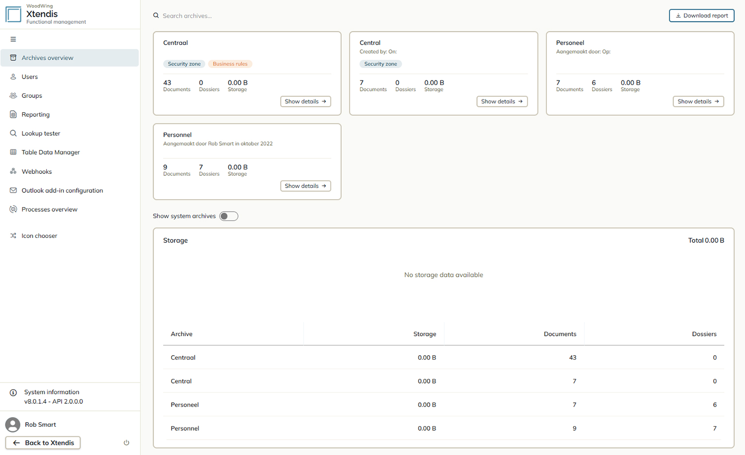 The Archive page in the Functional management section of Xtendis