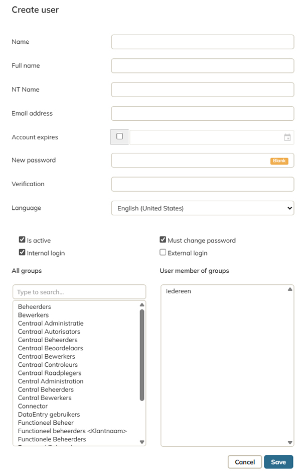 The Create user panel