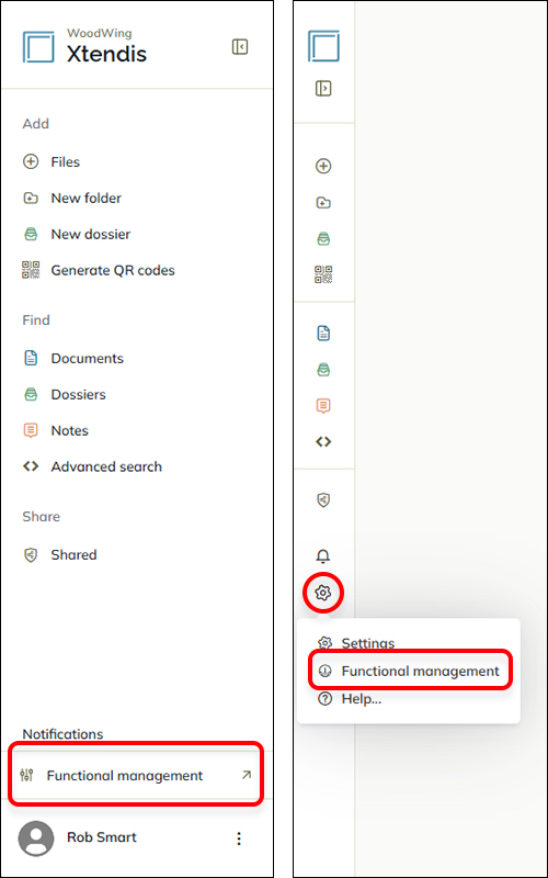 The options for accessing Functional management
