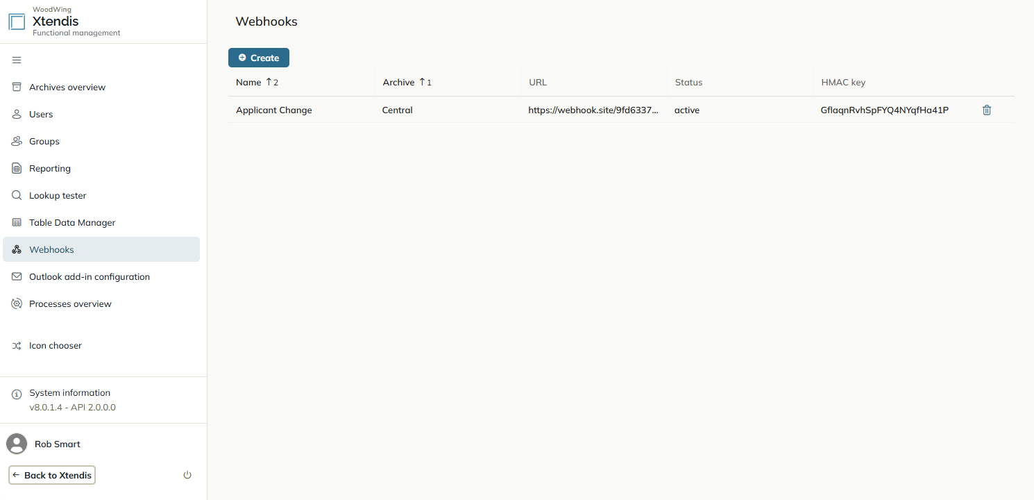 The Webhooks page in the Functional management section of Xtendis