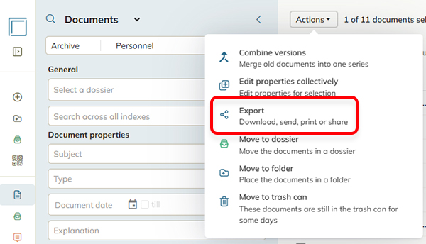The Export option in the Action menu