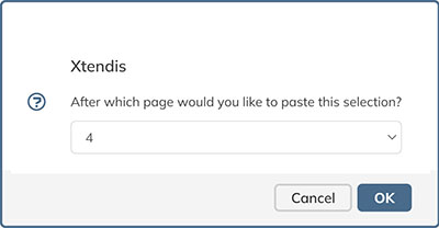 The dialog for choosing where in the document to paste copied pages