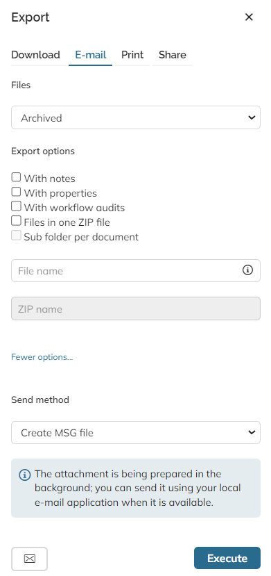 The Mail tab in the Export panel showing all options