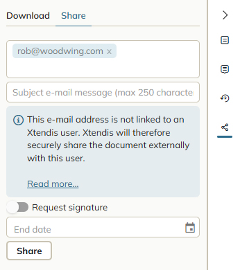 When sharing a document to an unknown e-mail address, a message appears