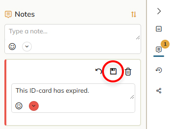 The save icon for saving a note after editing