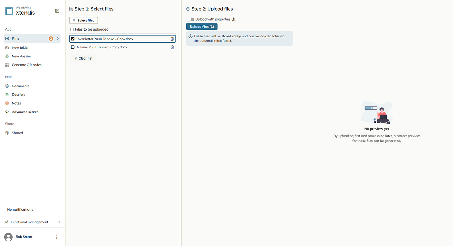 Files added to the Upload documents page.