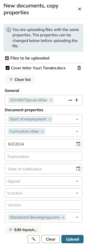 The panel for setting the properties of a new document