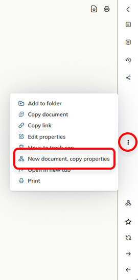 The New document, copy properties option in the menu of the vertical toolbar