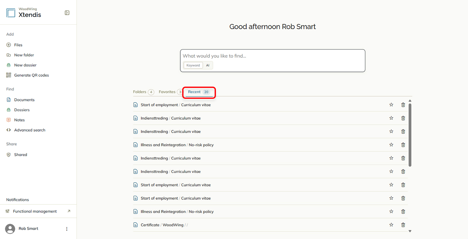 The list of recently viewed documents on the Dashboard