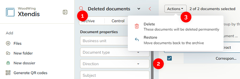 The steps for permanently deleting or restoring a document
