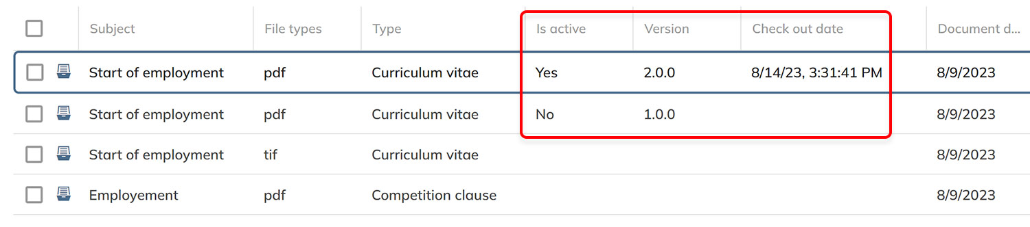 Columns showing version and check-out information
