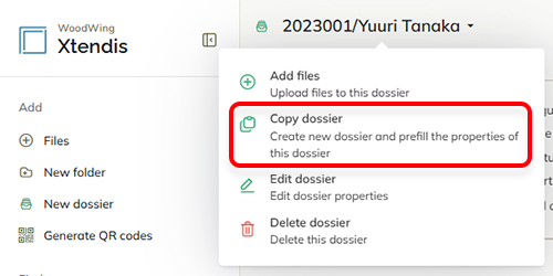 The Copy dossier option in the dossier menu