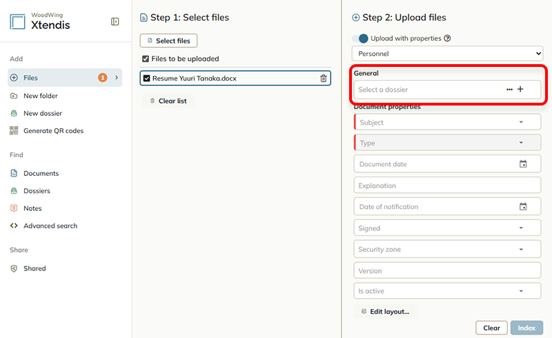 The Select dossier field when uploading a new document