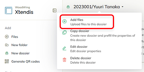 The Add files option in the action menu of a dossier