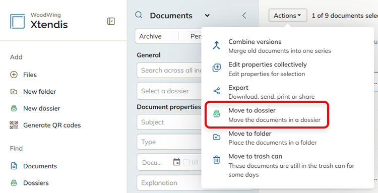 The Move to dossier option in the Action menu of a document