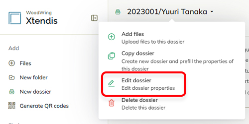 The Edit dossier option in the action menu of a dossier