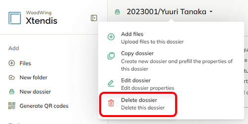 The Delete dossier option in the action menu of a dossier