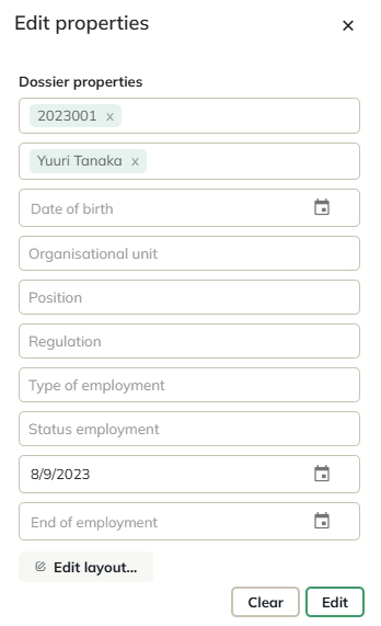 The Edit properties panel for a document in a dossier