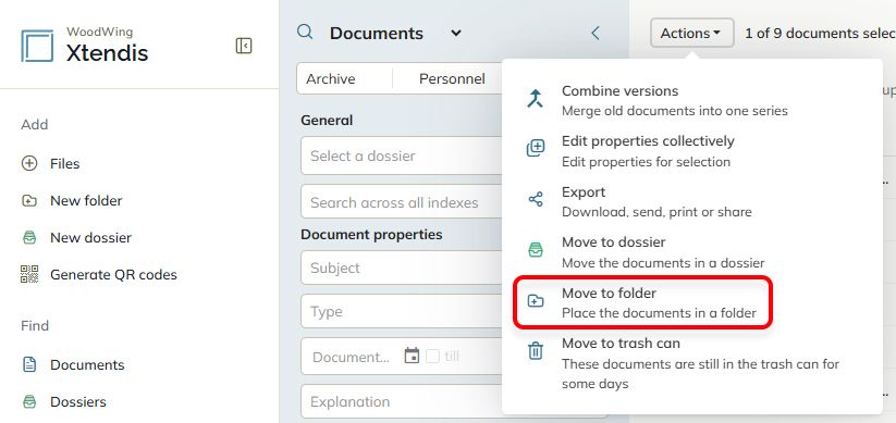 The Move to folder option in the action menu of the search results