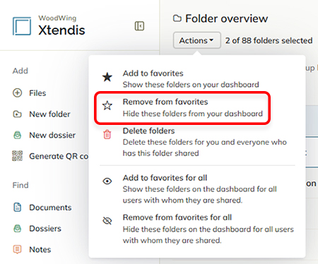 The Add to favorites option in the Actions menu on the Folder overview page