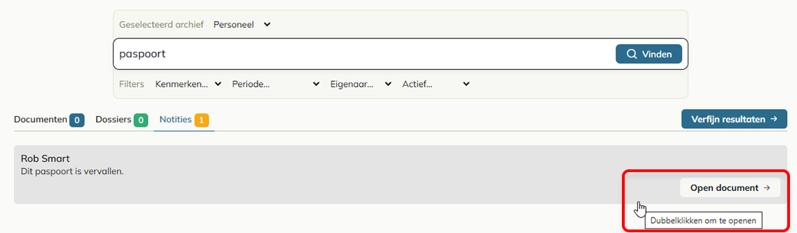 The Open document option appears when hovering over a note in the Quick Find option