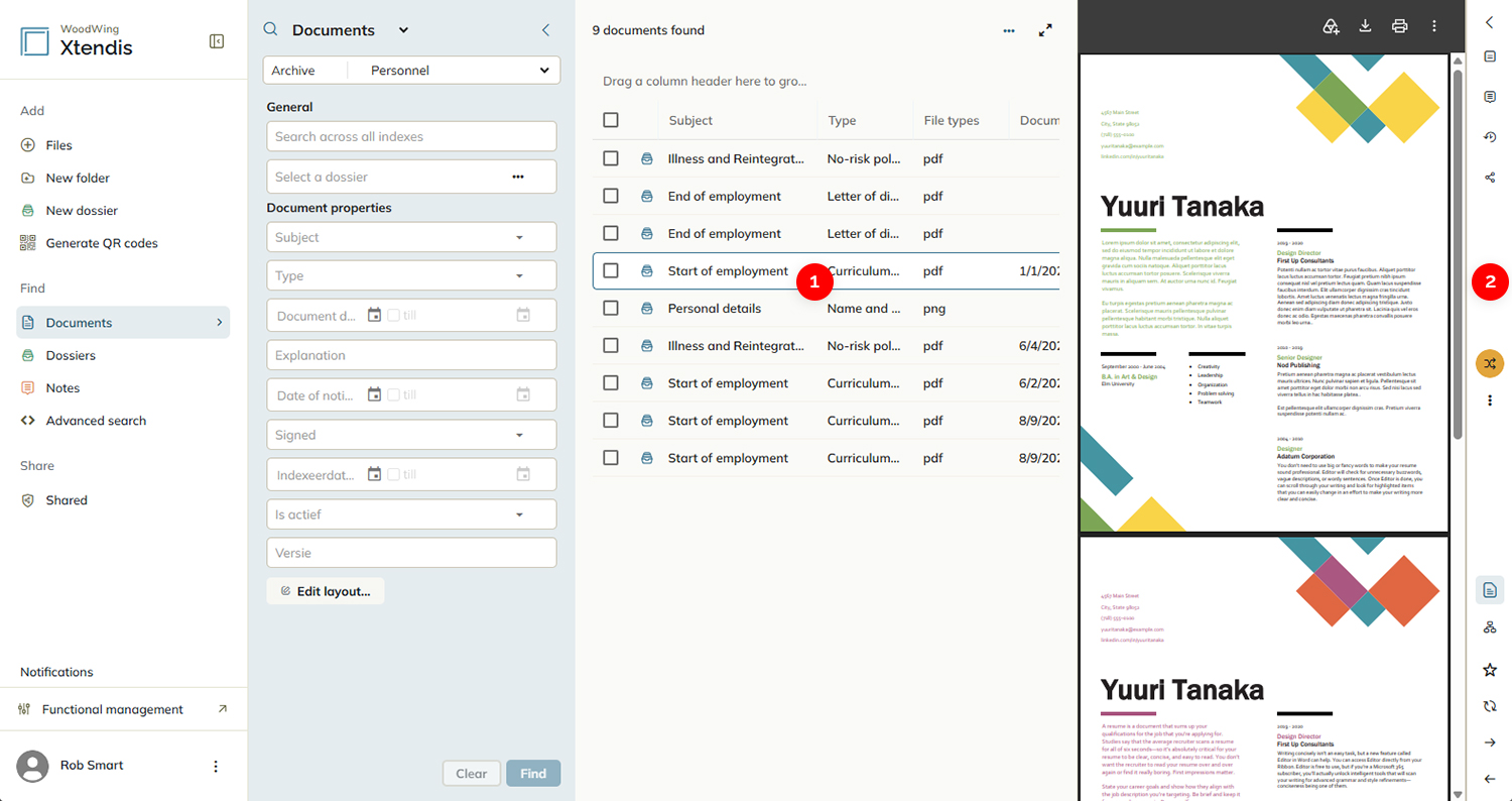 An item selected in the list and the vertical toolbar