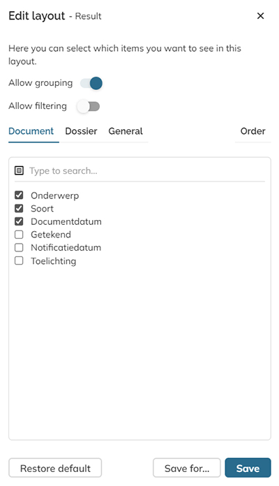 The column settings window.