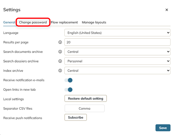 The Change password tab in the Settings screen.
