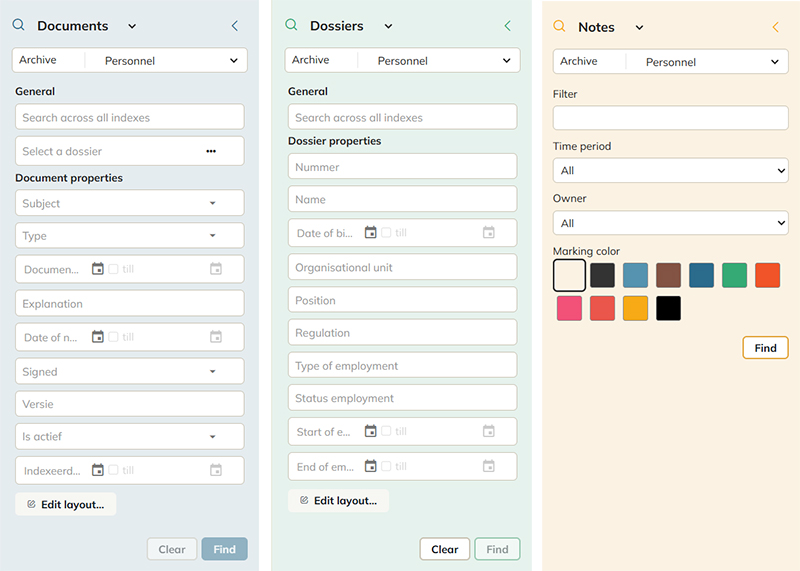 When using the search page, the color changes based on what is selected in the Find field: