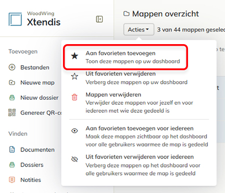 De optie 'Aan favorieten toevoegen' in het menu Acties op de pagina met het mapoverzicht