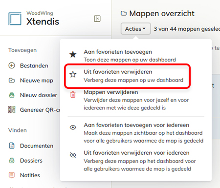 De optie 'Aan favorieten toevoegen' in het menu Acties op de pagina met het mapoverzicht