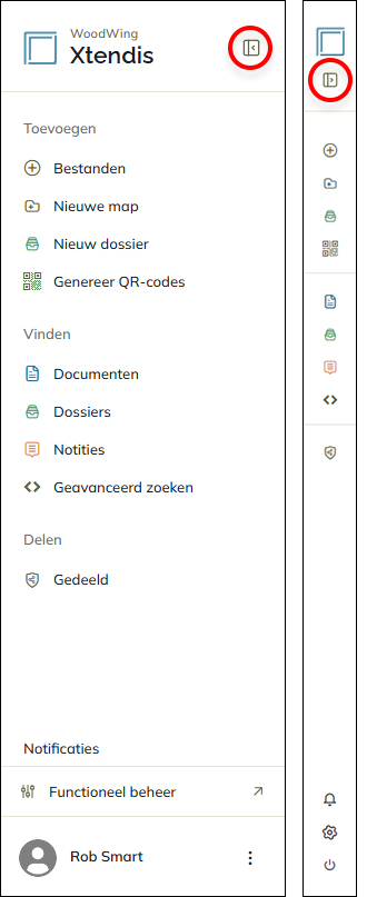 De schakelknop voor het inklappen en uitklappen van de werkbalk van de Startpagina
