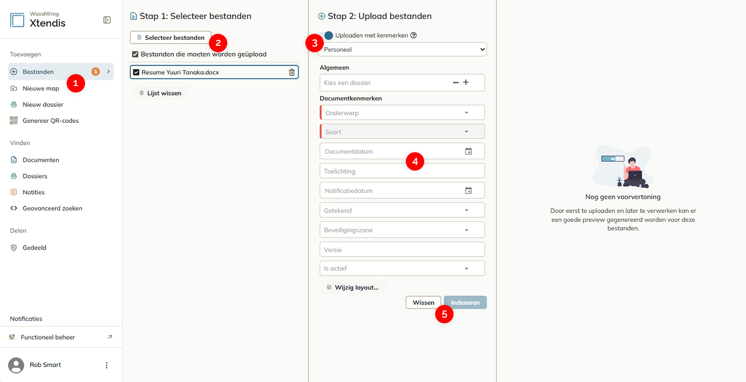 Stappen 2 t/m 5 van het uploaden van een bestand