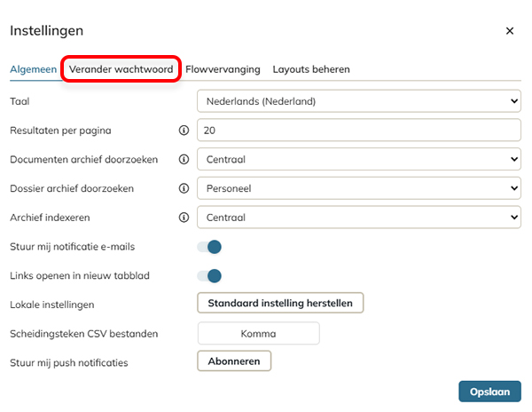 Het tabblad Wachtwoord wijzigen in het scherm Instellingen.