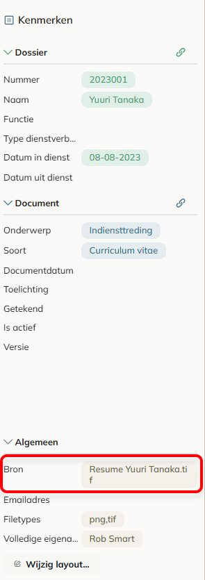 Door op de tag in het Bron-veld te klikken, wordt het gekoppelde document geopend