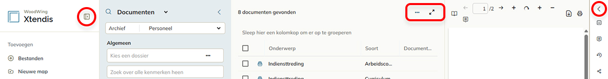 De knoppen om componenten snel te verbergen
