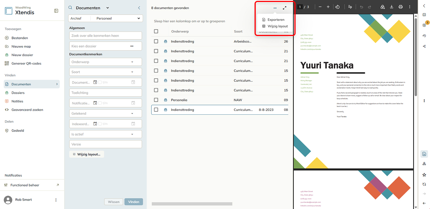 Het zoekresultaten menu