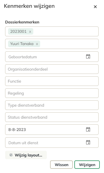 Het paneel voor het bewerken van dossier kenmerken