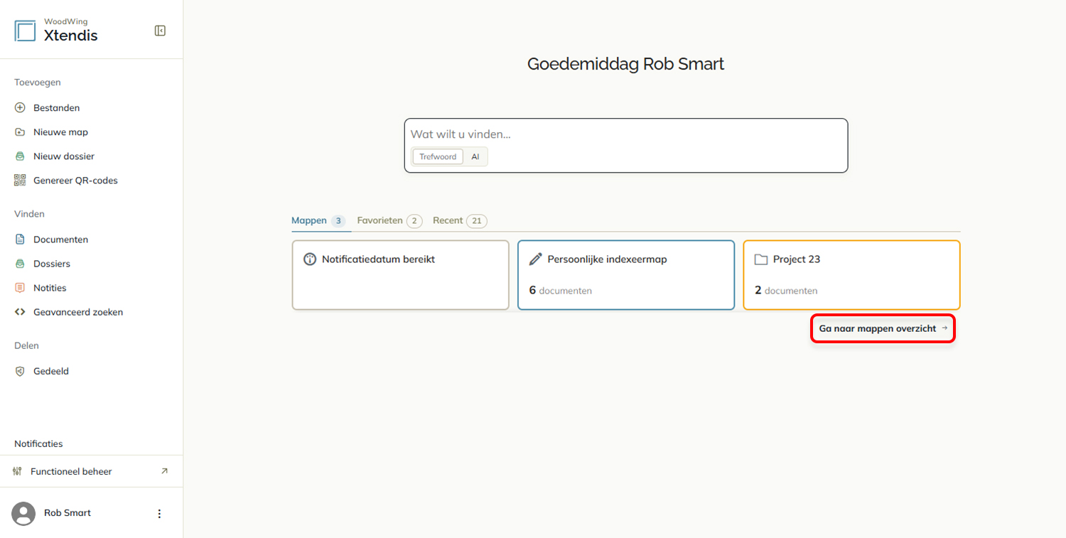 Favoriete mappen op de Startpagina en het icoon voor het openen van de lijst met mappen