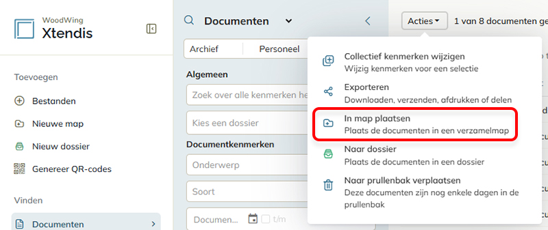 De optie In map plaatsen in het Actiemenu van de zoekresultaten