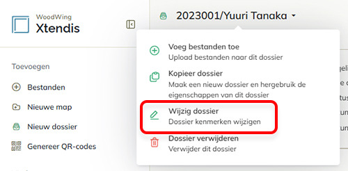De optie Wijzig dossier in het actiemenu van een dossier