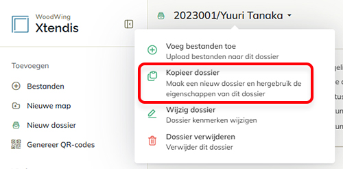 De optie Dossier kopiëren in het dossiermenu