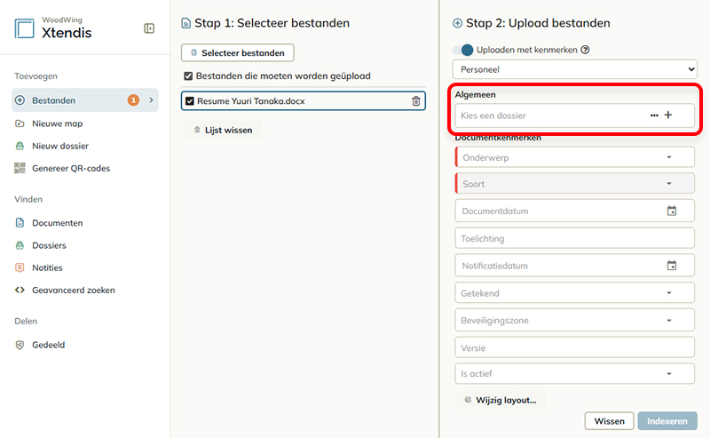 Het veld Selecteer dossier bij het uploaden van een nieuw document