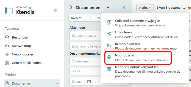 De optie Naar dossier verplaatsen in het Actiemenu van een document