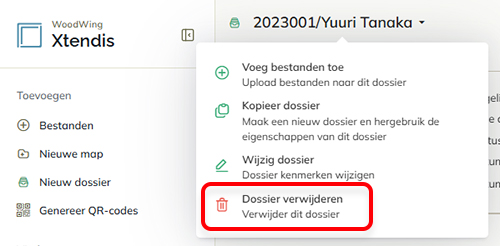 De optie Naar prullenbak verplaatsen in het actiemenu van een dossier