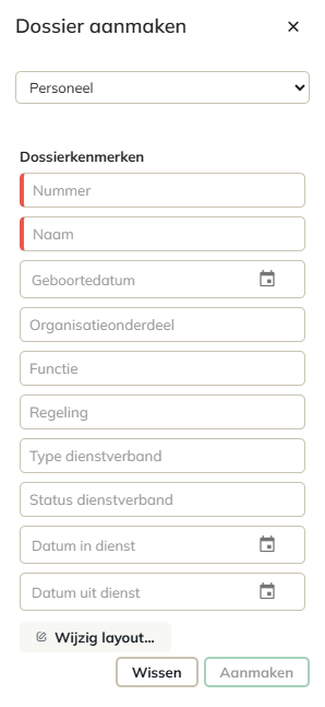 Het paneel Dossier aanmaken